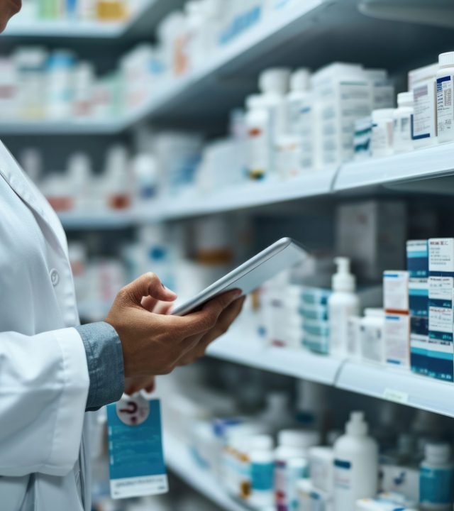 Female pharmacist or healthcare professional taking inventory or reviewing a clipboard in a pharmacy with shelves stocked with various medications.